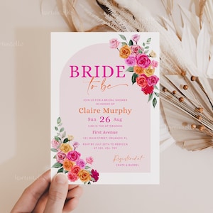 Pink orange bridal shower invitation template, hot pink floral bridal shower invitations bold vibrant colorful roses flowers fuchsia 0268