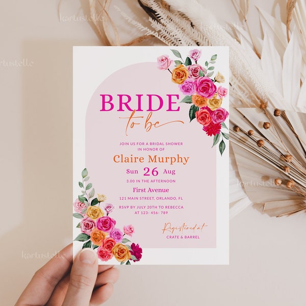 Pink orange bridal shower invitation template, hot pink floral bridal shower invitations bold vibrant colorful roses flowers fuchsia 0268