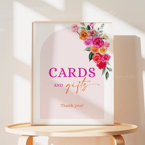Pink orange cards and gifts sign template, hot pink floral wedding gifts sign bold shower sign birthday sign colorful roses fuchsia 0268