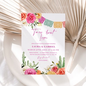 Fiesta taco 'bout love couples shower invitation template, Mexican wedding shower invites, cactus pink orange floral colorful vibrant 0246