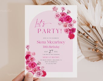 Hot pink birthday party invitation template, hot pink floral birthday invitations for her blush pink roses fuchsia magenta ladies 0254