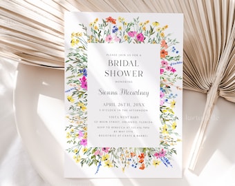 Colorful floral bridal shower invitation template, wildflower bridal shower invites spring garden bridal shower pink yellow orange blue 0242