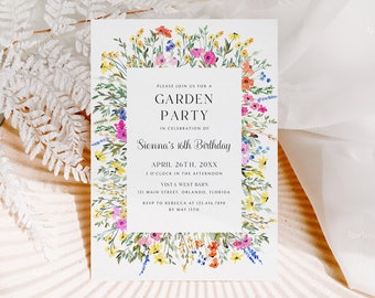 Colorful floral birthday party invitation template wildflower birthday invitations spring garden party invites pink yellow orange blue 0242
