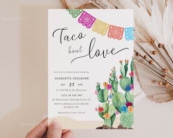 Taco bout love bridal shower invitation template, fiesta bridal shower invites cactus Mexican shower bright floral hot pink orange blue 0231