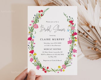 Wildflower bridal shower invitation template, pink floral bridal shower invites, spring bright floral boho blush pink yellow daisy 0236