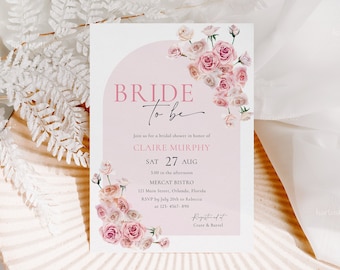 Light pink floral bridal shower invitation template baby pink bridal shower invitations blush pink roses bridal shower arch pastel 0291
