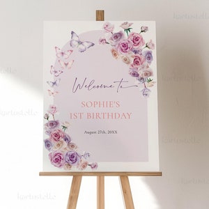 Butterfly birthday welcome sign template butterfly birthday party sign pink purple roses butterfly kisses first birthday poster girl 0298