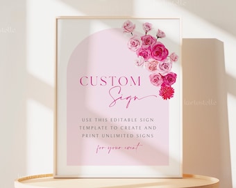 Hot pink floral custom sign template, hot pink and blush wedding signs editable, blush pink roses custom signs, fuchsia magenta summer 0254