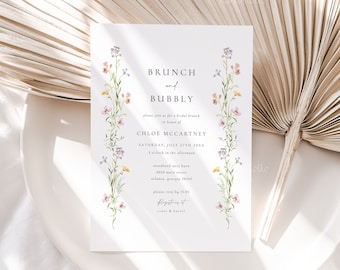 Dainty floral brunch and bubbly bridal shower invitation template wildflower bridal brunch invite spring summer elegant colorful floral 0279