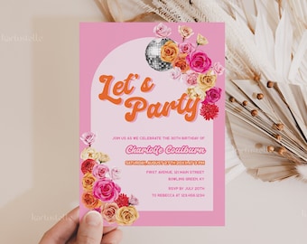 Disco birthday party invitation template bold retro hot pink birthday invitation red pink orange floral party invitations disco ball 0267