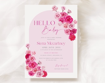 Hot pink floral baby shower invitation template, hot pink and blush baby shower invitations blush pink roses fuchsia magenta summer 0254