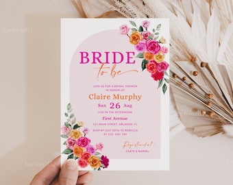 Pink orange bridal shower invitation template, hot pink floral bridal shower invitations bold vibrant colorful roses flowers fuchsia 0268