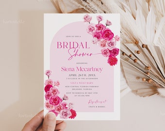 Hot pink floral bridal shower invitation template, hot pink and blush bridal shower invitations blush pink roses fuchsia magenta summer 0254