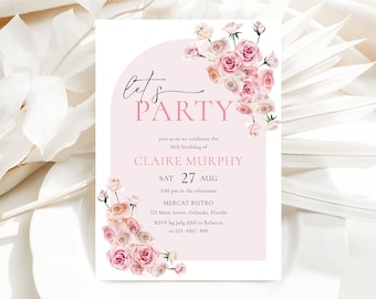 May include: A pink and white floral birthday party invitation with the text "Let's Party" and the name "Claire Murphy". The invitation includes the date and time of the party, the location, and RSVP information.