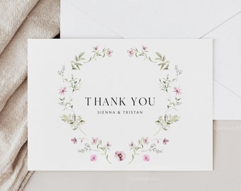 Whimsical garden thank you card template, wildflower wedding thank you note card, delicate pink floral meadow dainty wild flowers 0244