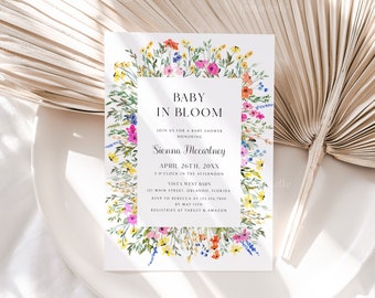 Baby in bloom colorful floral baby shower invitation template wildflower baby shower invites spring garden pink yellow orange blue 0242