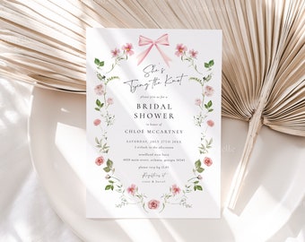 She's tying the knot bridal shower invitations bow bridal shower invitation template coquette pink floral dainty floral roses ribbon 0285