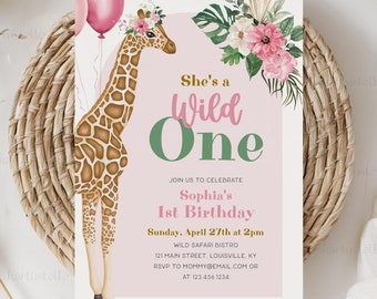 Wild one birthday invitation template girl safari 2nd birthday party invites giraffe birthday invites boho animals jungle pink floral 0315