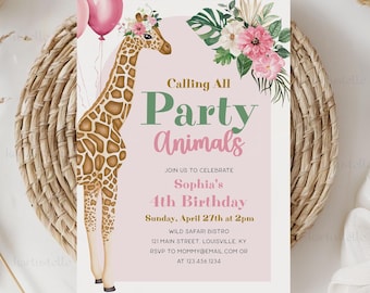 Pink safari birthday invitation template calling all party animals girl birthday party invites jungle boho blush pink floral any age 0315