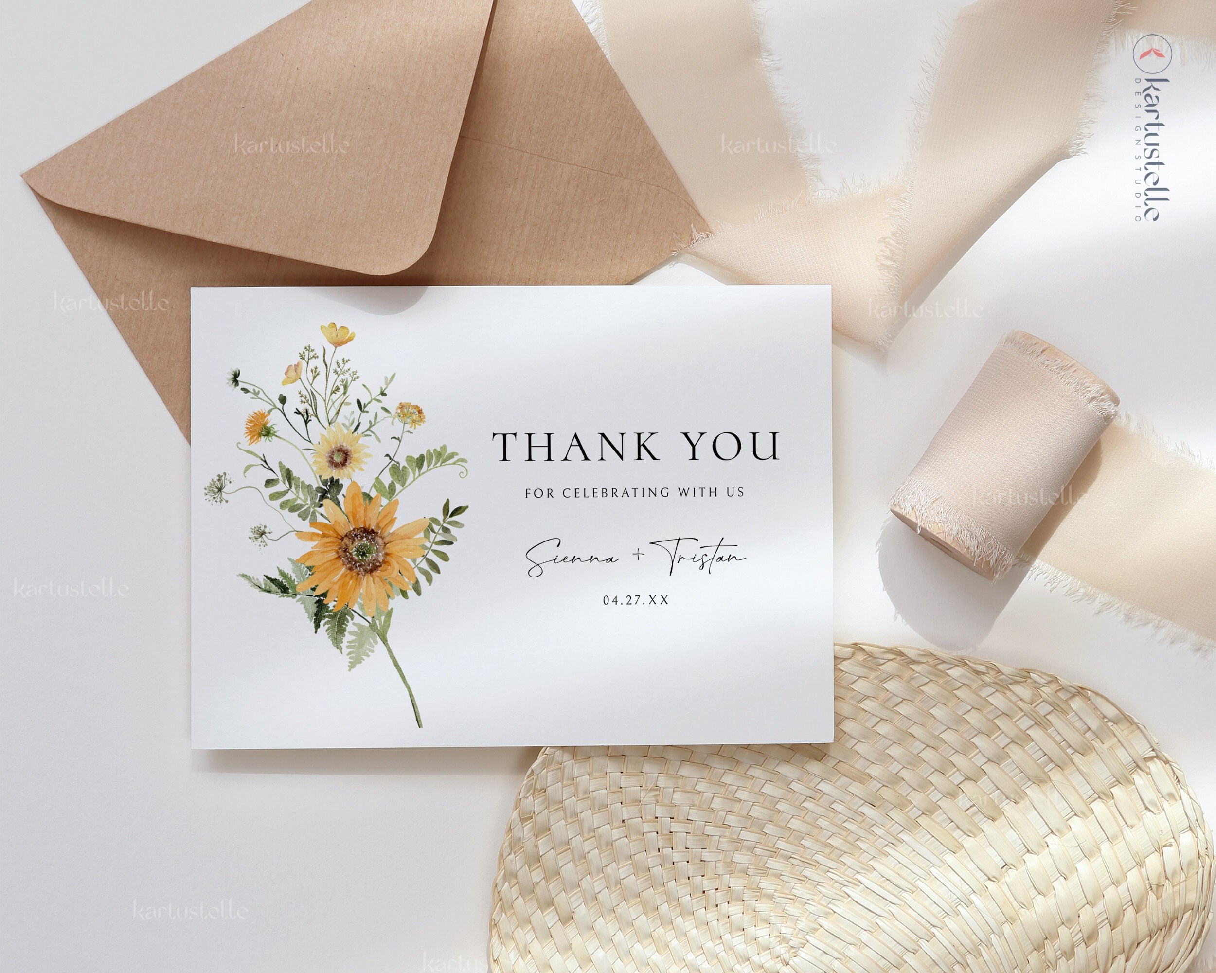 Sunflower Wedding Thank You Card Template Yellow Floral Shower Thank ...