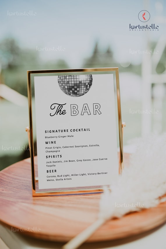 Disco Bar Menu Wedding Retro Bar Menu Sign Disco Ball Bar 