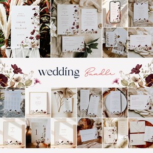 Burgundy wedding invitation template fall wedding bundle maroon red blush pink ivory white autumn wildflower wedding invite rustic boho 0295