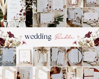 Burgundy wedding invitation template fall wedding bundle maroon red blush pink ivory white autumn wildflower wedding invite rustic boho 0295