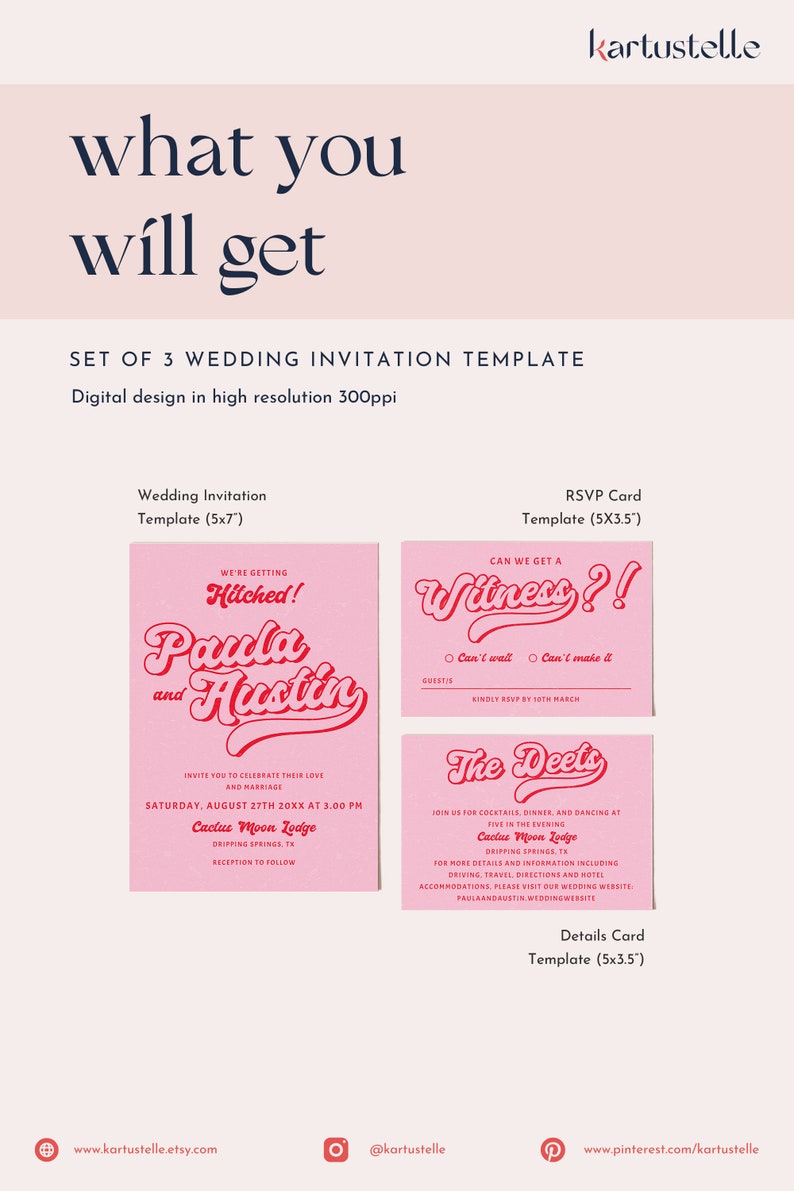 Red and Pink Wedding Invitation Set Template, Retro Wedding Invitations ...