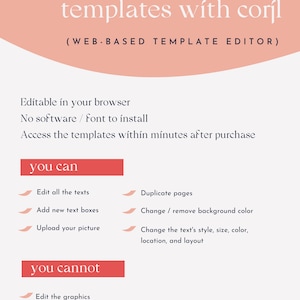 May include: A peach-colored graphic promoting customizable templates with Corjl, a web-based template editor. The image lists features like editing text, adding text boxes, and uploading pictures. It also states what cannot be edited, such as graphics.