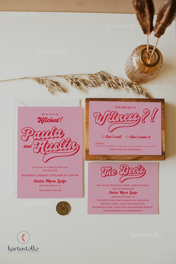 Red and pink wedding invitation set template, retro wedding invitations, red pink wedding invites, disco groovy wedding 70's hot pink 0232