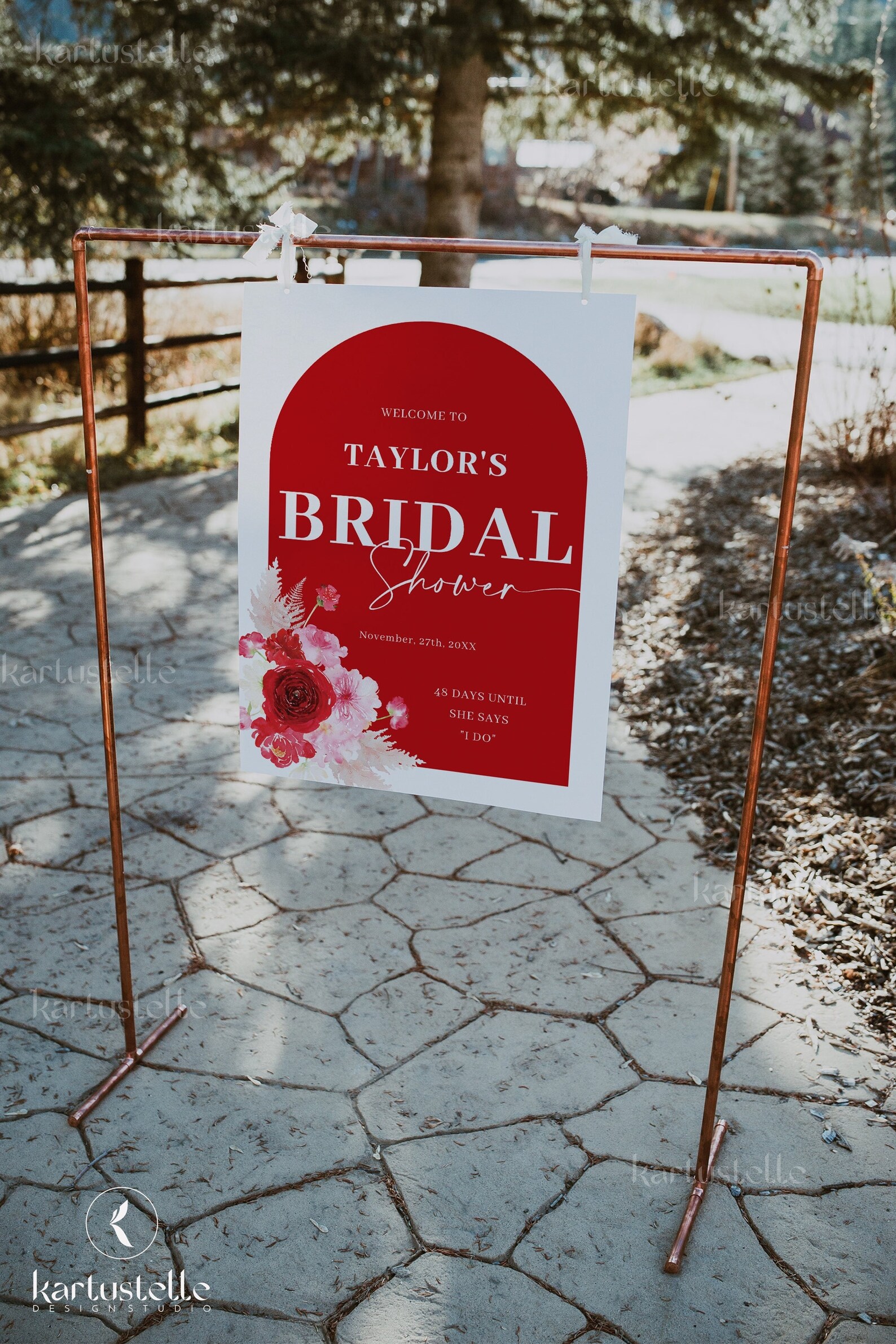 Red Floral Bridal Shower Sign Template, Red and Pink Floral Bridal Shower Sign, Red