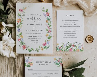 Dreamy garden wedding invitation set template, wildflower colorful wedding invitations spring magical elegant pink orange yellow purple 0237