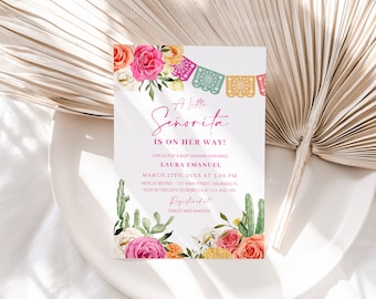 Fiesta little senorita baby shower invitation template Mexican baby shower invitations cactus pink orange floral colorful vibrant 0246