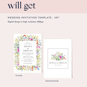 May include: Wedding invitation template, 5x7 inches, featuring a floral design. The front side displays the names "Sienna and Tristan" with event details, surrounded by colorful flowers. The optional backside has a similar floral arrangement.