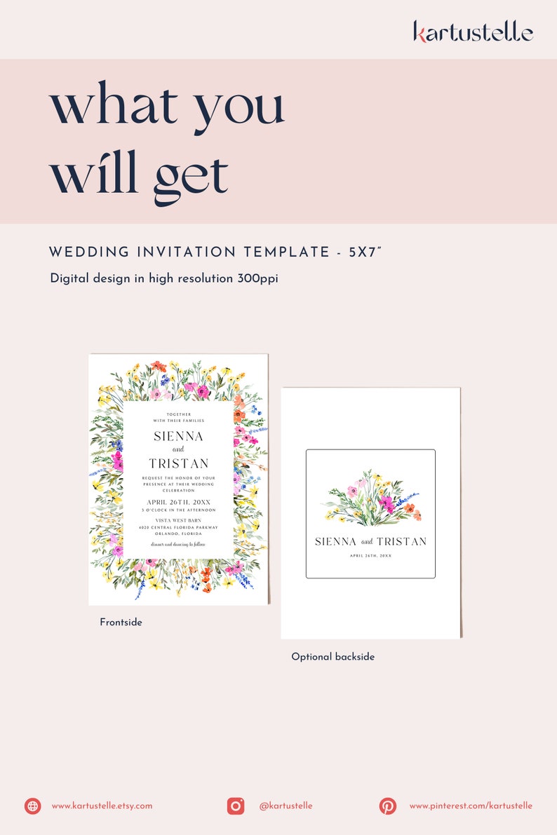 May include: Wedding invitation template, 5x7 inches, featuring a floral design. The front side displays the names "Sienna and Tristan" with event details, surrounded by colorful flowers. The optional backside has a similar floral arrangement.