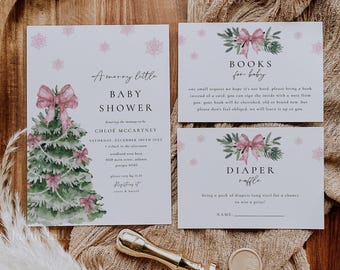 May include: Baby shower invitation set with a Christmas tree design, featuring pink bows and snowflakes. Includes cards for books and a diaper raffle, along with a gold wax seal and stamp. The invitation reads "A merry little BABY SHOWER".
