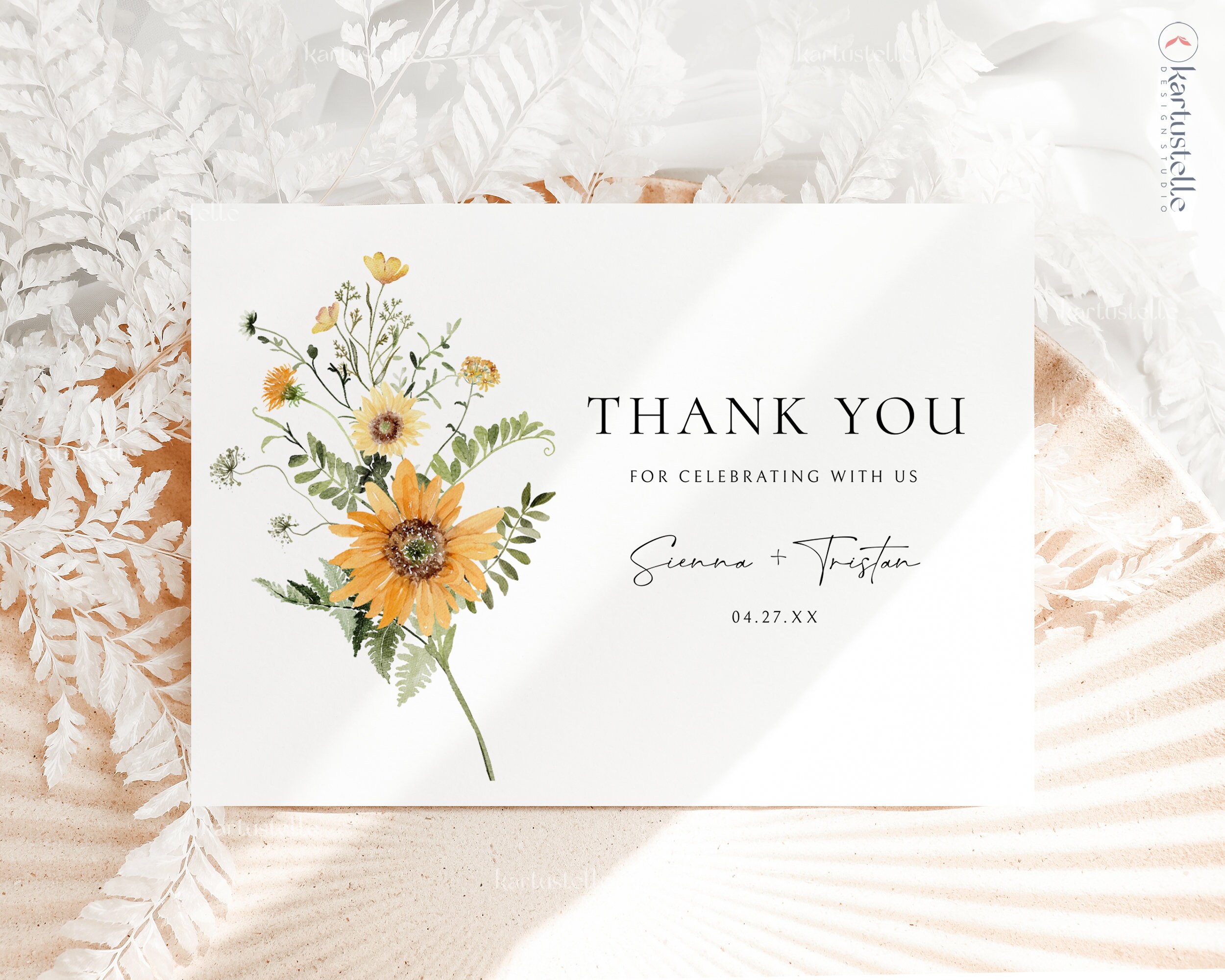 Sunflower Wedding Thank You Card Template Yellow Floral Shower Thank ...