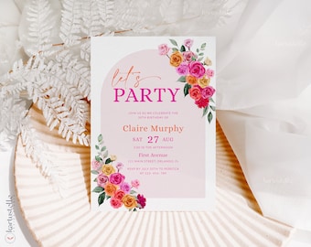 Pink orange birthday party invitation template, hot pink floral birthday invitations ladies women bold vibrant colorful roses fuchsia 0268
