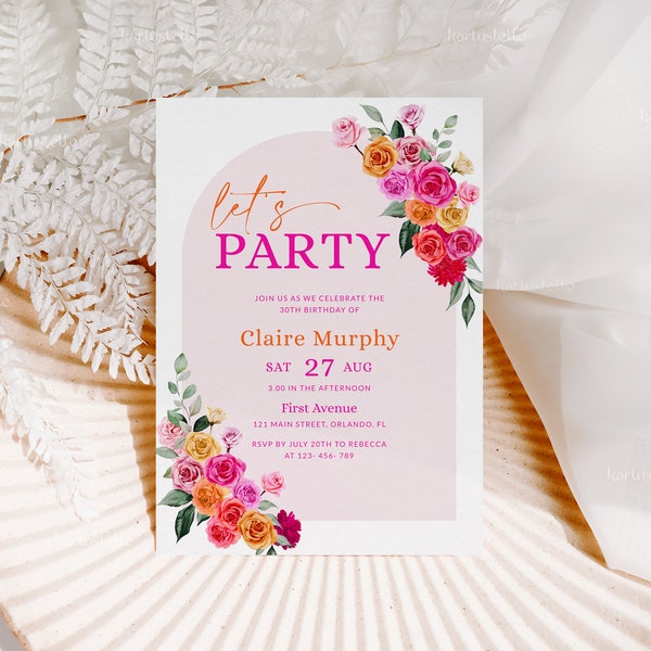 Pink orange birthday party invitation template, hot pink floral birthday invitations ladies women bold vibrant colorful roses fuchsia 0268