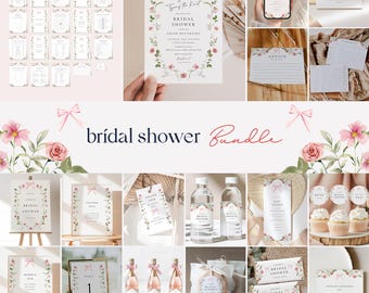 May include: A bridal shower bundle with a pink and green floral theme. The bundle includes invitations, games, signs, decorations, and favors. The text "She's Getting Hitched" is featured on the invitation.