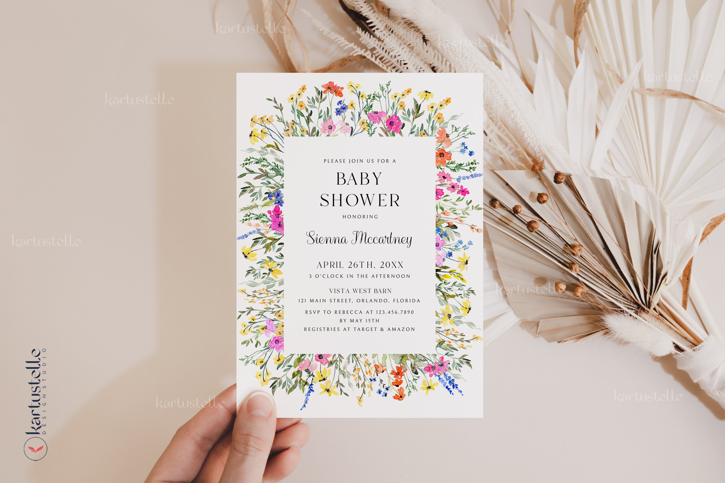 Colorful floral baby shower invitation template, wildflower baby shower invites spring garden baby shower pink yellow orange blue 0242