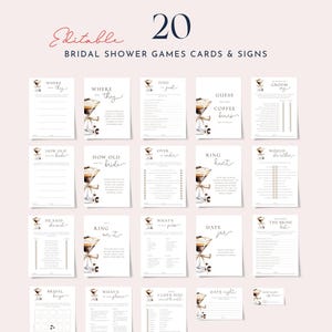 Può includere: Una collezione di 20 biglietti e cartelli modificabili per giochi di addio al nubilato. Ogni biglietto presenta un'illustrazione di cocktail. I biglietti includono giochi come "Dove erano?" e "Indovina i chicchi di caffè". Il design è elegante con una palette di colori tenui.