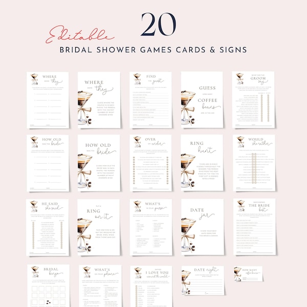 Love is brewing bridal shower games bundle, espresso martini bridal shower games template, coffee bridal games pack printable, bow 0323