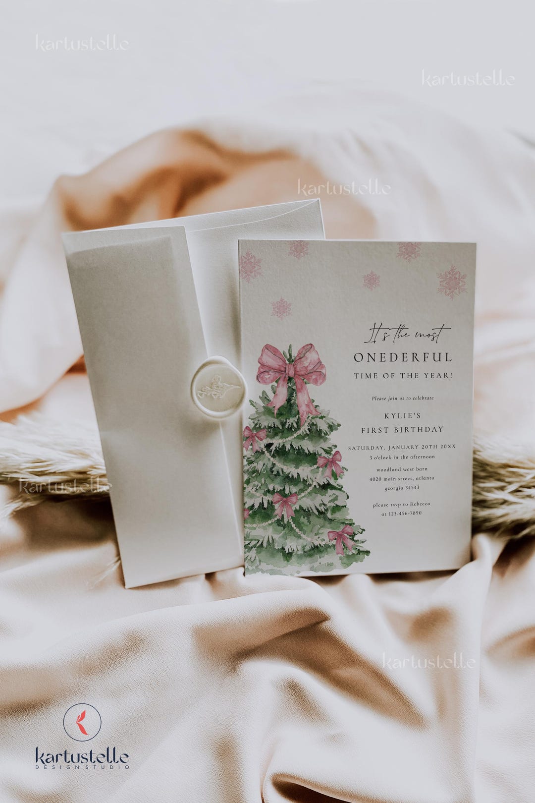 Pink Bow Christmas Birthday Invitation Set Template Most Onederful Time