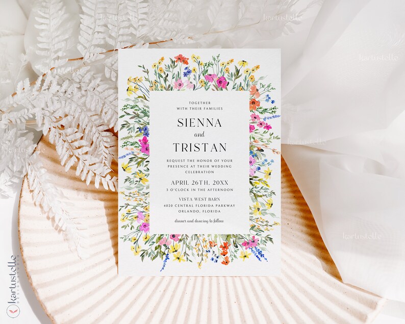 May include: A wedding invitation with a floral border featuring colorful watercolor flowers. The invitation includes the names "Sienna and Tristan" and event details. The text reads "Request the honor of your presence at their wedding celebration" and the date and time.