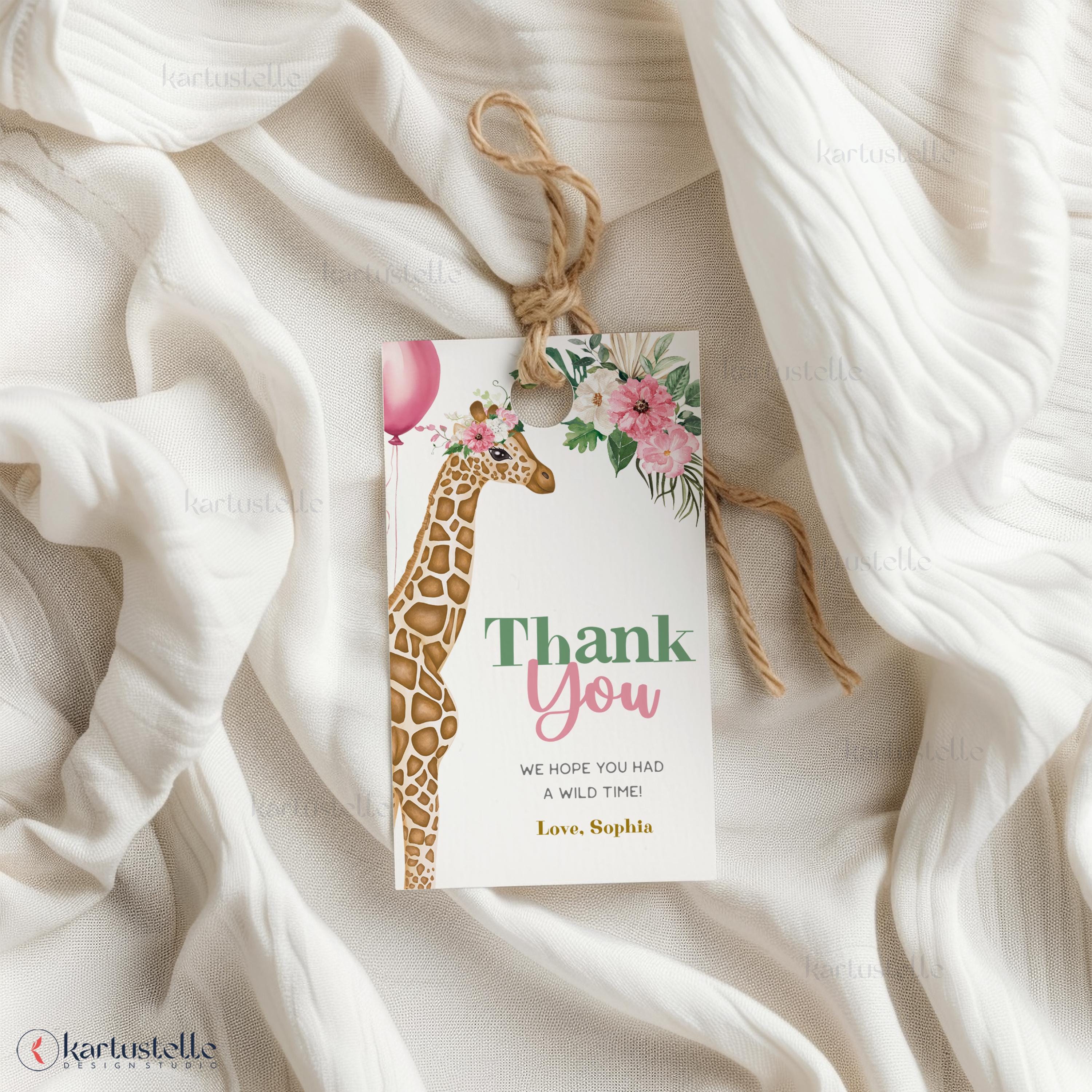 Giraffe thank you tag template pink safari birthday favor tags wild safari favor tags pink floral girl kid any age boho jungle animals 0315