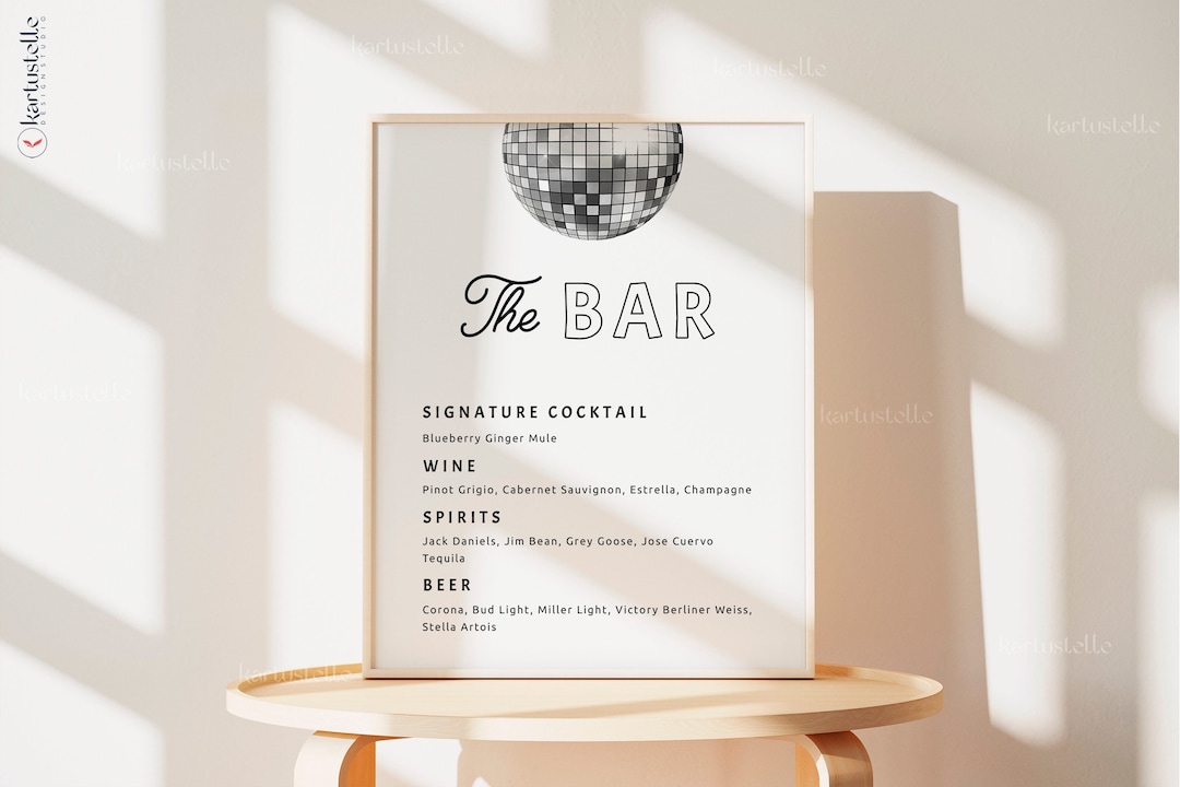 Disco Bar Menu Wedding, Retro Bar Menu Sign, Disco Ball Bar Menu Template, Disco Party Wedding