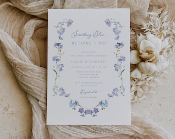 Something blue bridal shower invitation template dusty blue floral bridal shower invites spring floral forget me not elegant flowers 0320