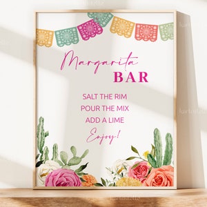 Fiesta margarita bar sign template, Mexican bar menu sign, cactus hot pink orange floral wedding bar sign, colorful vibrant floral 0246