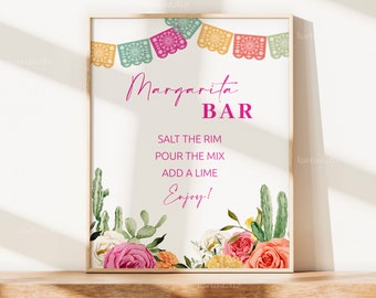 Fiesta margarita bar sign template, Mexican bar menu sign, cactus hot pink orange floral wedding bar sign, colorful vibrant floral 0246